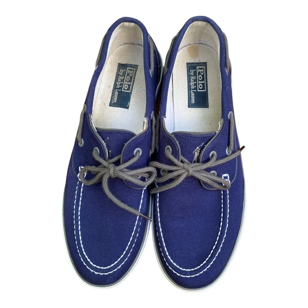 POLO by Ralph Lauren LANDER Men’s 10.5 Boat Shoes Navy Canvas White Trim
